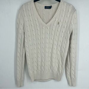 Polo Ralph Lauren Womens Medium Cream Cable Knit V Neck Sweater Preppy Tennis